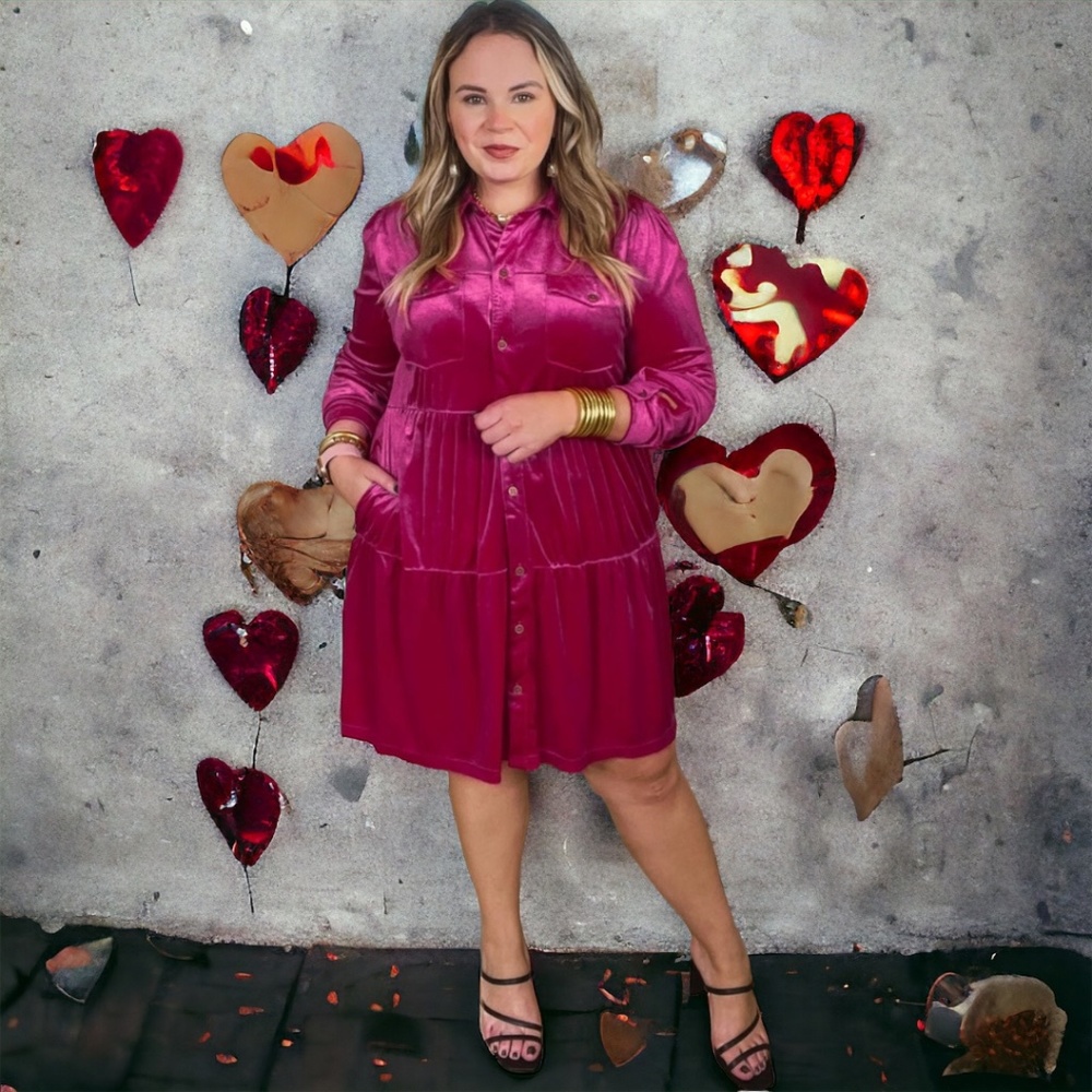 💖Rose Red Plus Size Velvet Long Sleeve Button Up Tiered Dress💖
